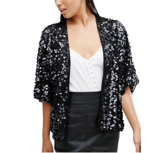ASOS Sequin Top Jacket Women Size 2 Disc Embellished Black Short Sleeve Party - Picture 5 of 16